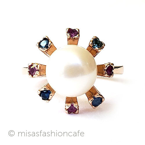 （画像用） 真珠と天然石サファイヤ アンティークリング指輪