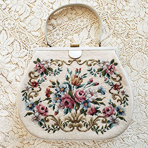 （画像用） ヴィンテージ　バッグ プチポアン花刺繍　特大！
