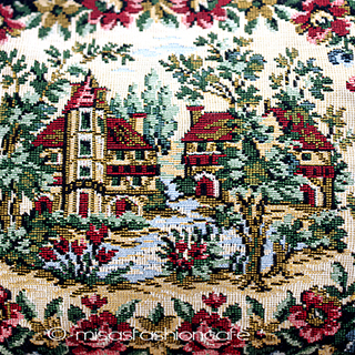 （画像用） ヴィンテージ刺繍バッグ タペストリー　お花と家