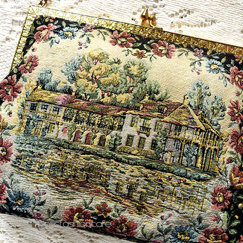 （画像用） アンティークバッグ 仏製　花と町並み刺繍